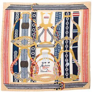 NWT Rare, Authentic Hermès 90 Silk Scarf Fantaisie d'Etriers Crème Marine Rouge